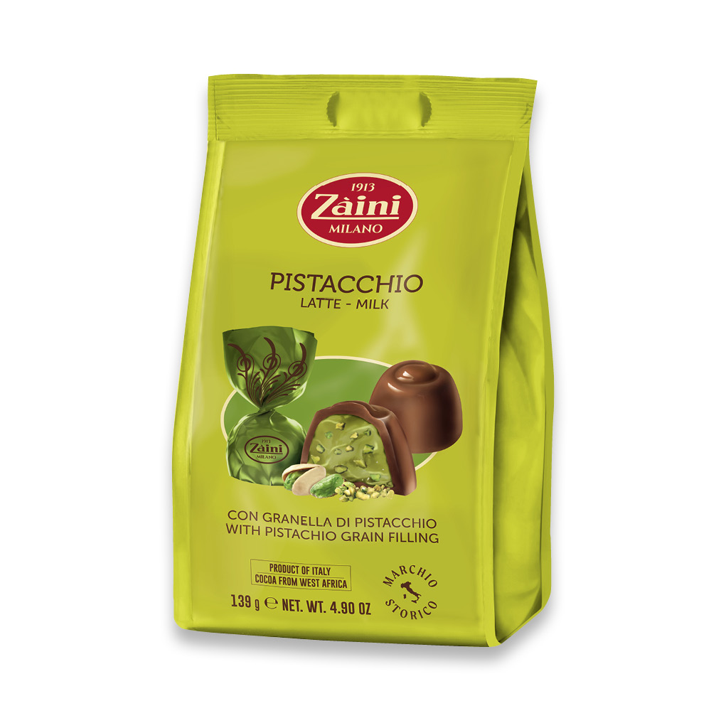 PRALINE DI CIOCCOLATO AL LATTE - CREMA PISTACCHIO CON GRANELLA DI PISTACCHIO 139G